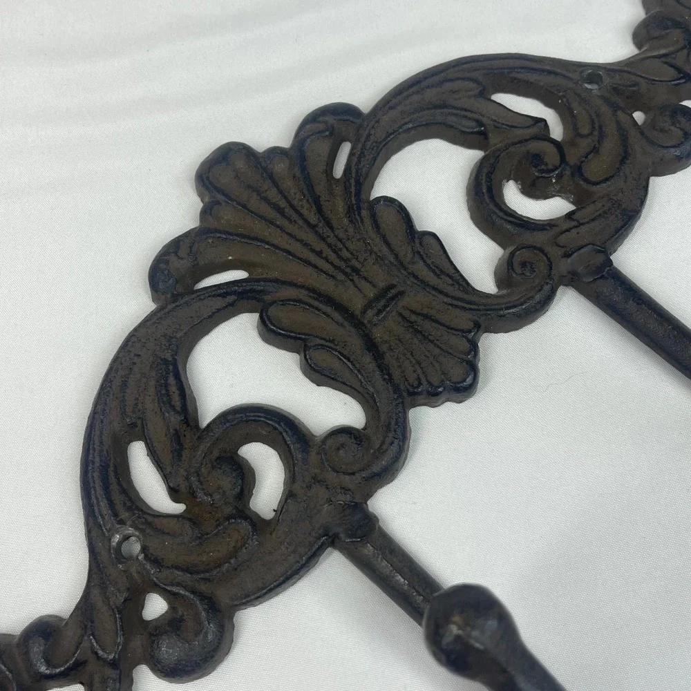 Vintage Brown Cast Metal Wall Hook Rack Coat Hat Keys 4 Hooks 12x6